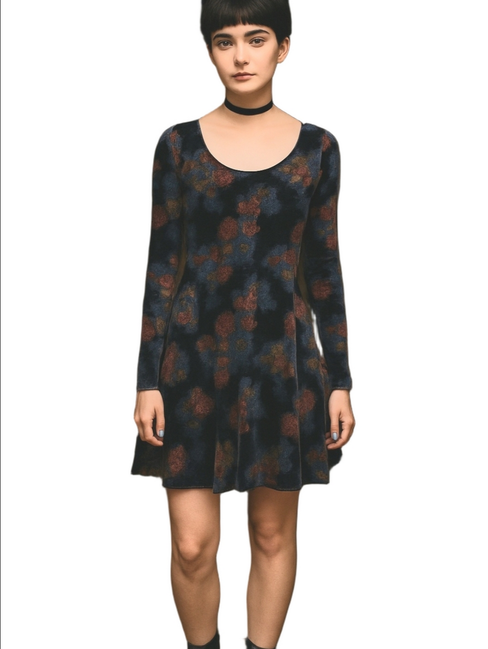 Mudd Dark Roses Print Velour Scoop-Neck Dress Stetchy Flowy Boho 90s Y2K Goth